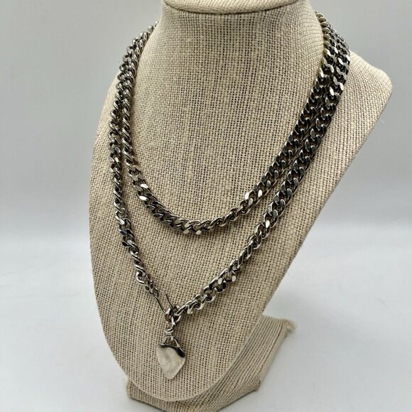 Chunky Curb Chain Necklace Layered Silver Tone Heart Pendant Y2K Streetwear - Picture 4 of 9